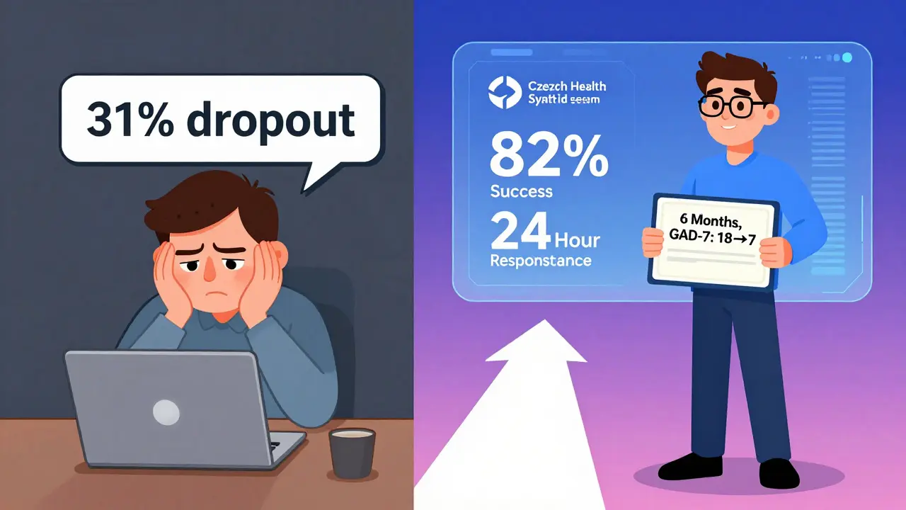 Dvě scény: jeden klient opouští terapii, druhý oslavuje zlepšení s přehledem úspěšnosti.