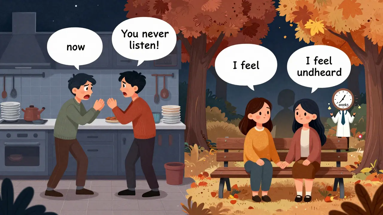 Dvě scény: pár se hádá v kuchyni a později klidně sedí na lavičce, terapeut je jako stín v pozadí.