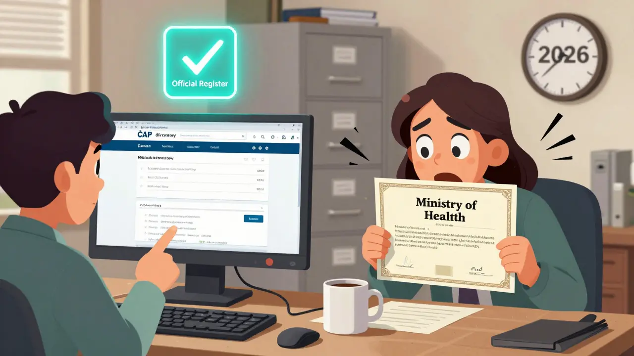 Klient ověřuje terapeuta na webové stránce ČAP, terapeut skrývá falešný certifikát.