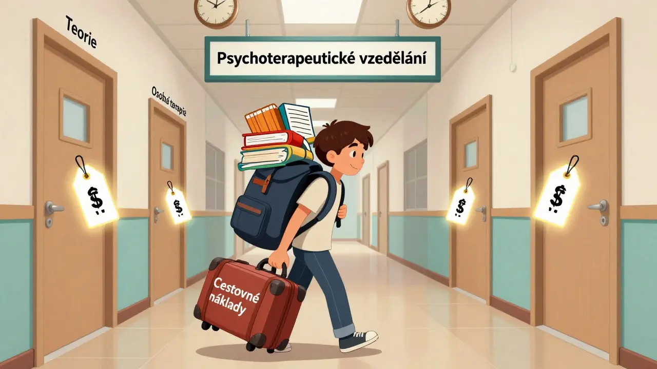 Kreslený student nést těžký batoh s knihami a cestovními náklady přes chodbu vzdělávání.