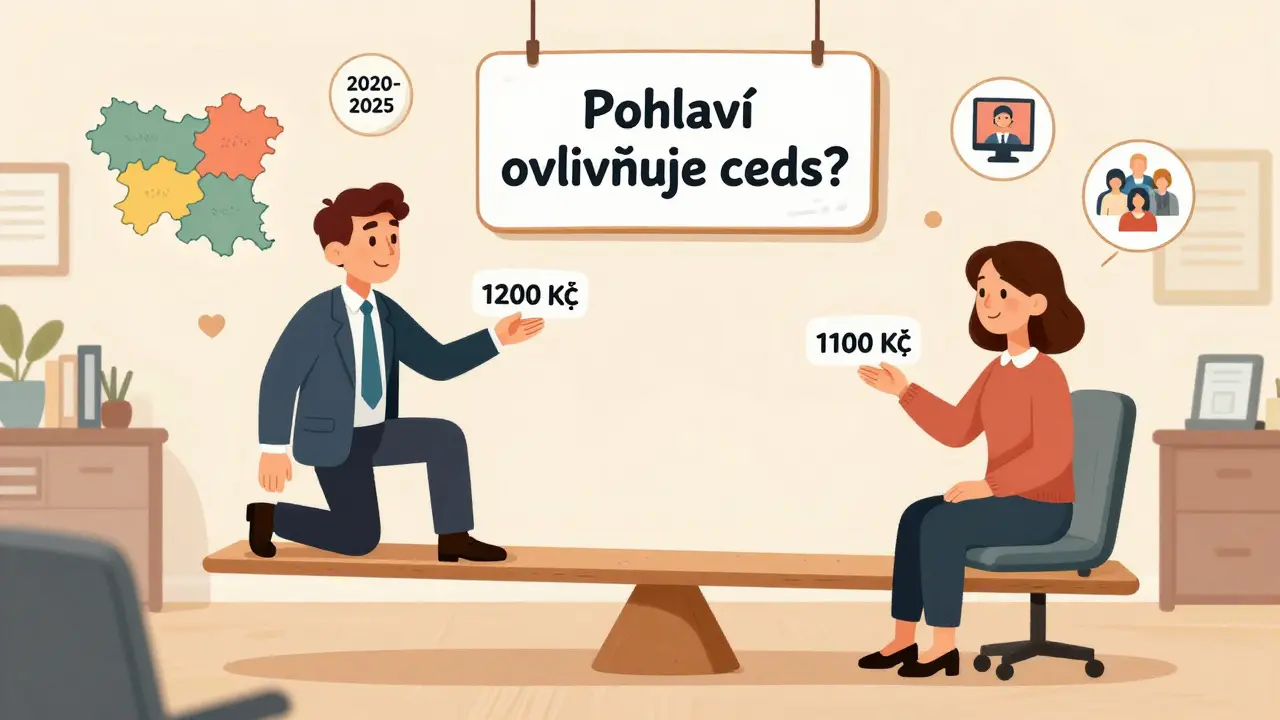 Kreslený terapeutický kancelář s váhou ukazující rozdíl v cenách podle pohlaví.