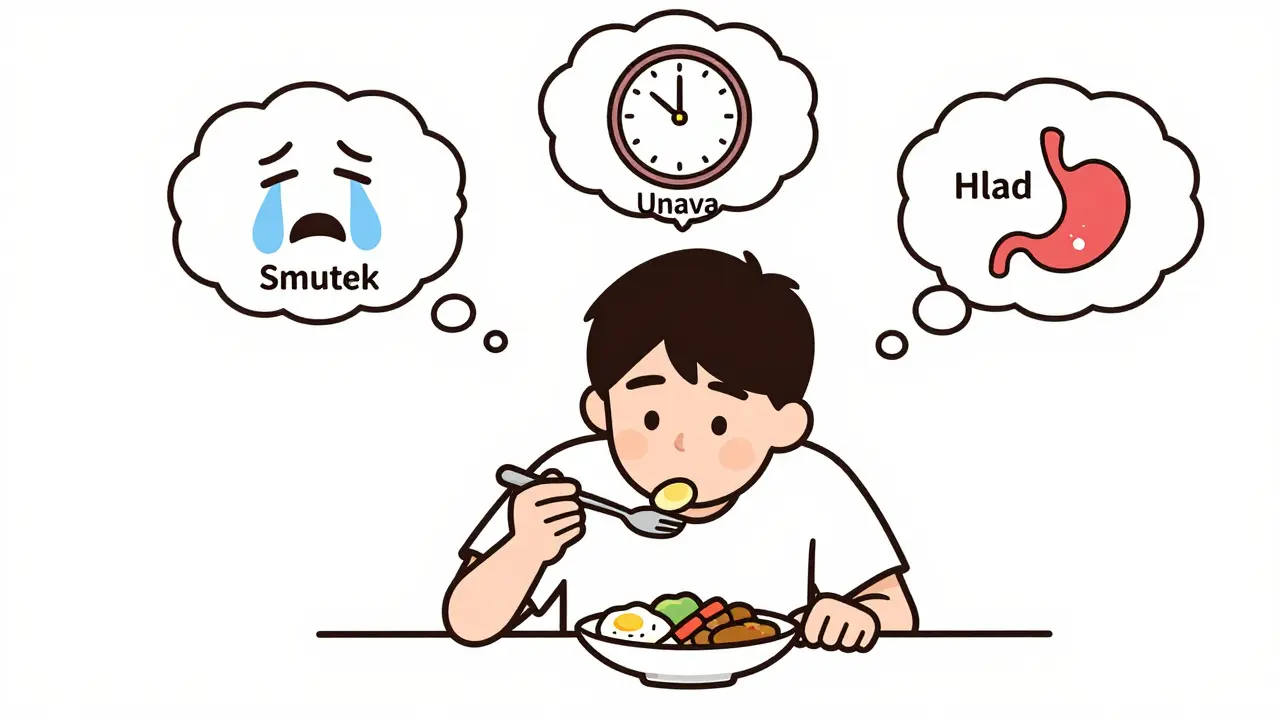 Osoba jí bez zařízení, s myšlenkovými bublinami rozlišujícími emoce a fyzický hlad.
