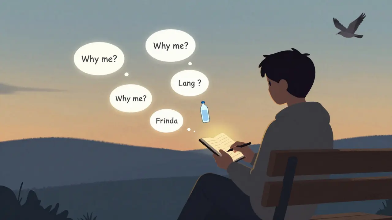 Osoba na lavičce v západu slunce, zapisuje do sešitu, záporné myšlenky se mění v kladné činy.