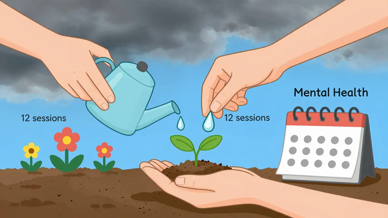 Osoba pěstuje rostlinu duševního zdraví s pravidelnými údržbami, symbolizující hybridní přístup k terapii.