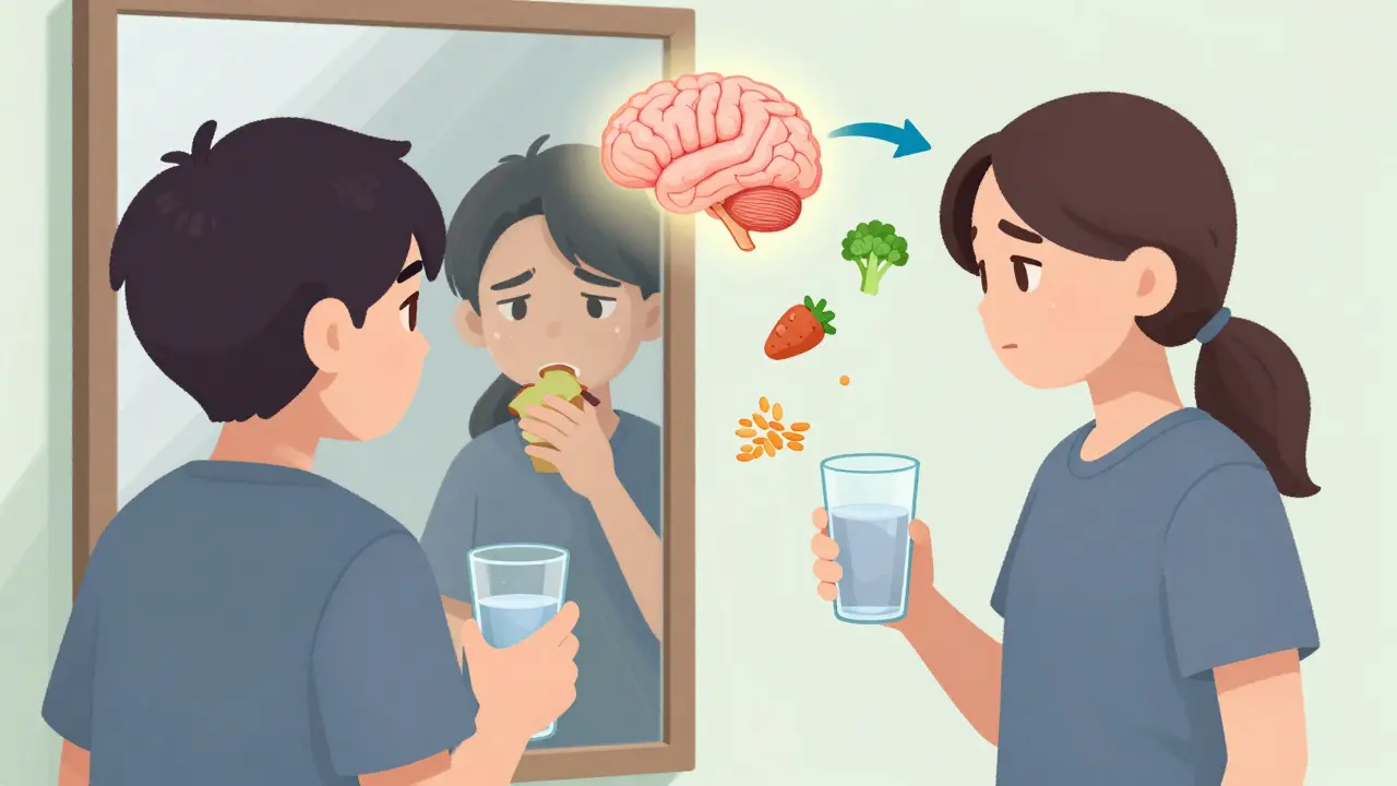 Osoba před zrcadlem s dvěma verzemi sebe — jedna touží po jídle, druhá poslouchá tělo.