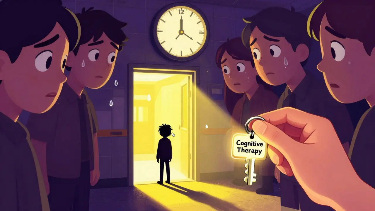 Osoba stojící u vchodu do metra, obklopena obrovskými stínami strachu.