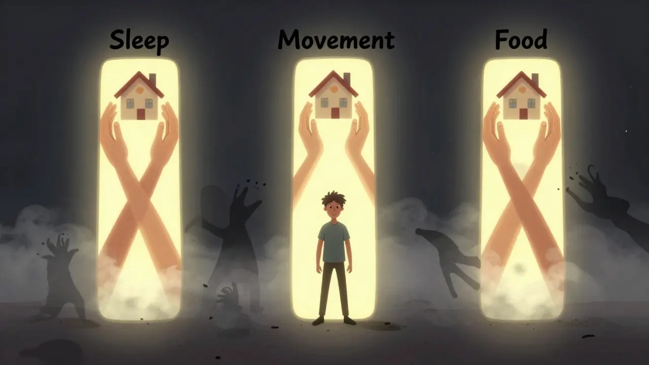Osoba ve středu tří svítících sloupů s názvy spánek, pohyb, jídlo, odrazuje temnou mlhu.