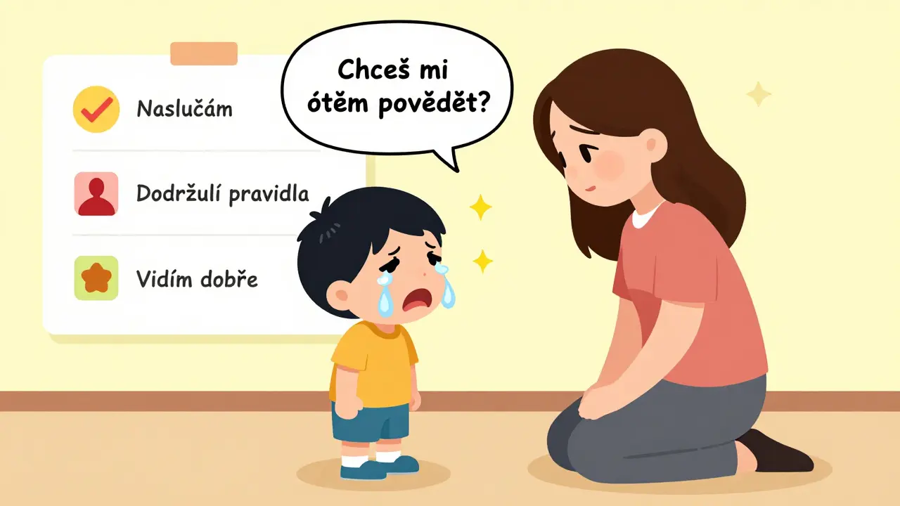 Rodič se klidně kloní k pláčícímu dítěti a ptá se: 'Chceš mi o tom povědět?' s pozitivními slovy v pozadí.