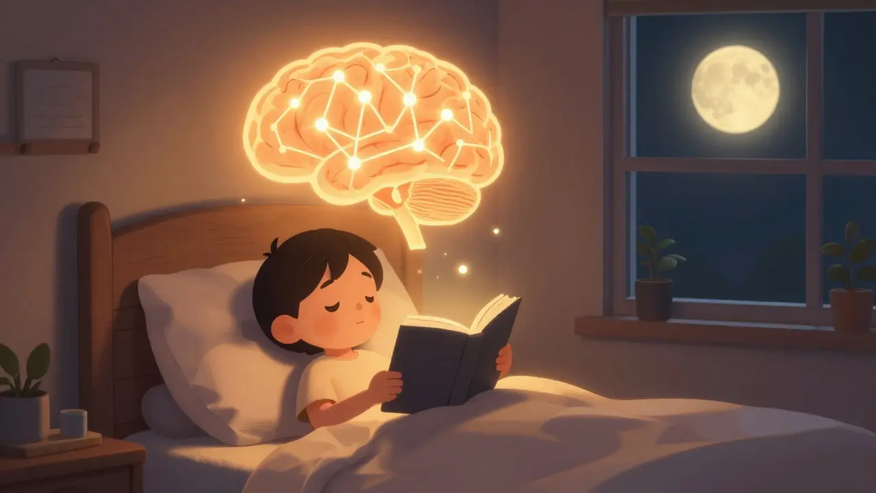 Rodina čte knihy v klidné, teplé ložnici, symbolizující klidný spánek bez technologií.