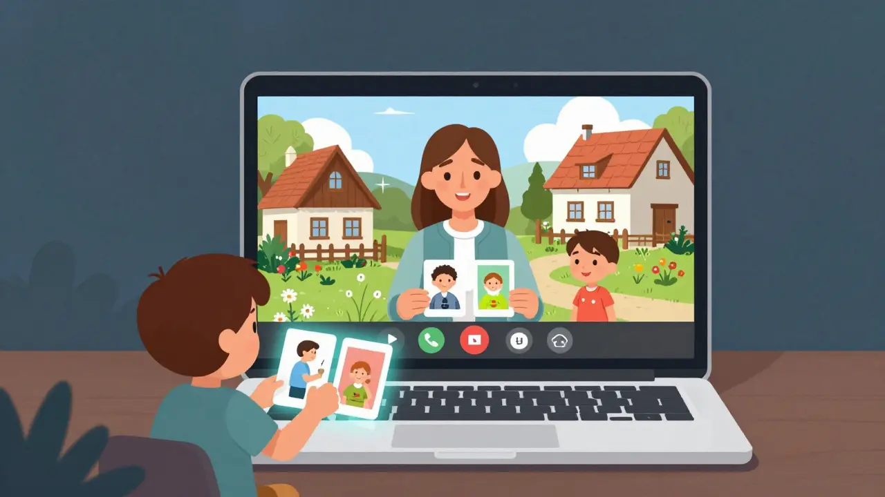 Rodina na videokonferenci s terapeutem z Prahy, dítě komunikuje pomocí obrázků.