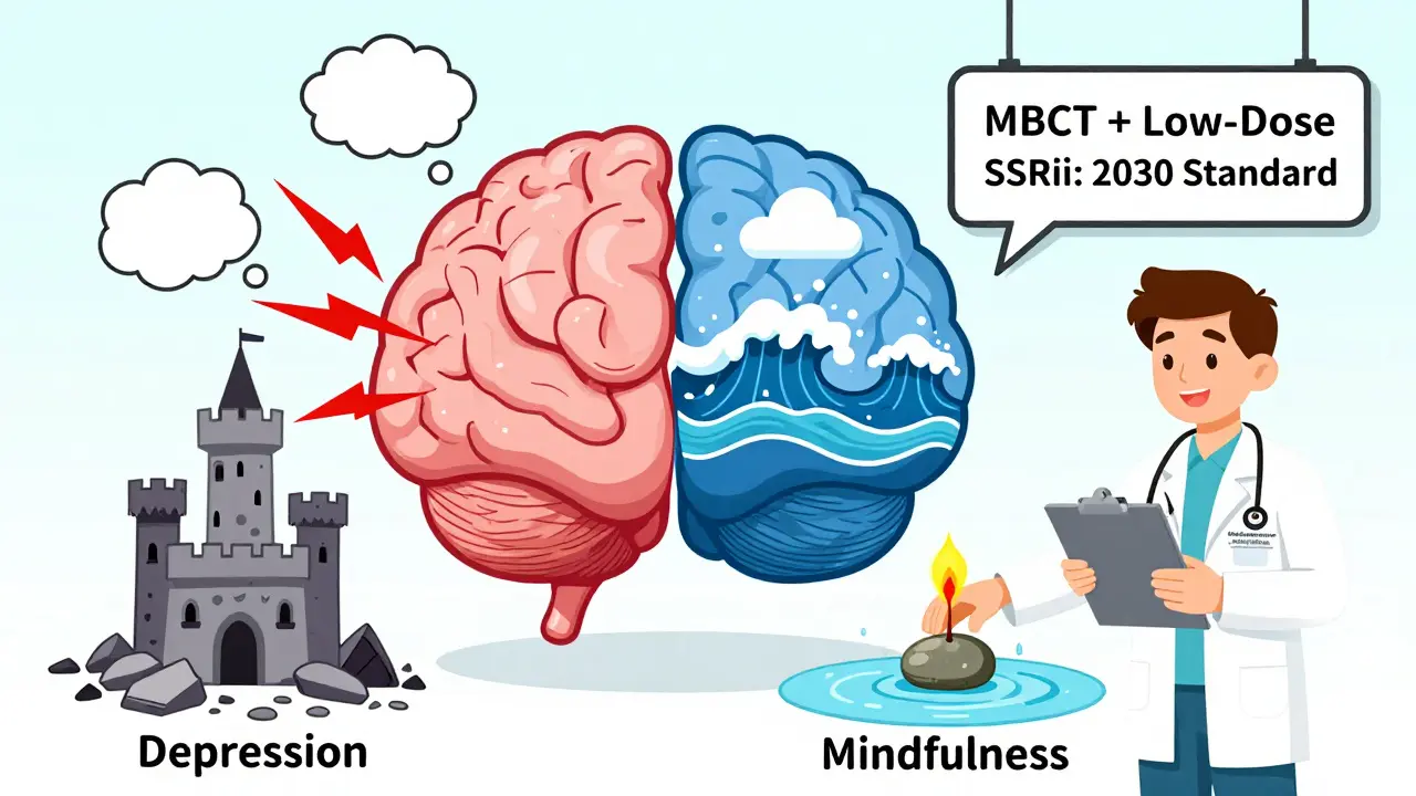 Rozdělený mozek: chaos vs. klid, symbolizující účinek mindfulness na mozek.