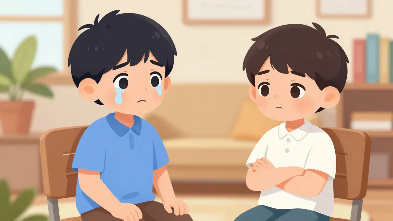 Školní psycholog mluví s dítětem, které bylo šikanováno, a s agresorem, kteří sedí vedle sebe v klidné místnosti.