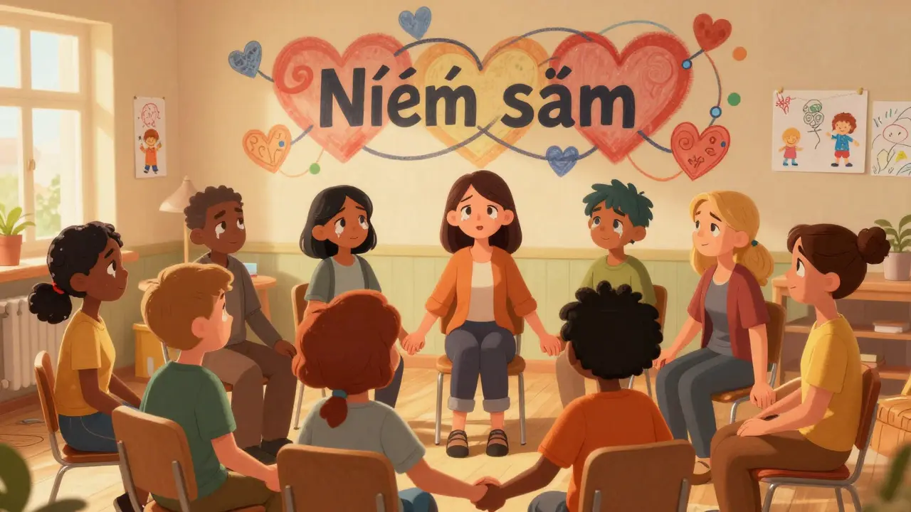 Skupina českých rodičů se sešla v kruhu, sdílí emoce a podporu v centru pro autismus.