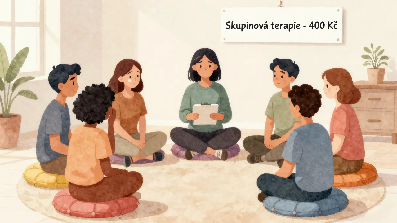 Skupina lidí se účastní skupinové terapie v klidném prostředí.