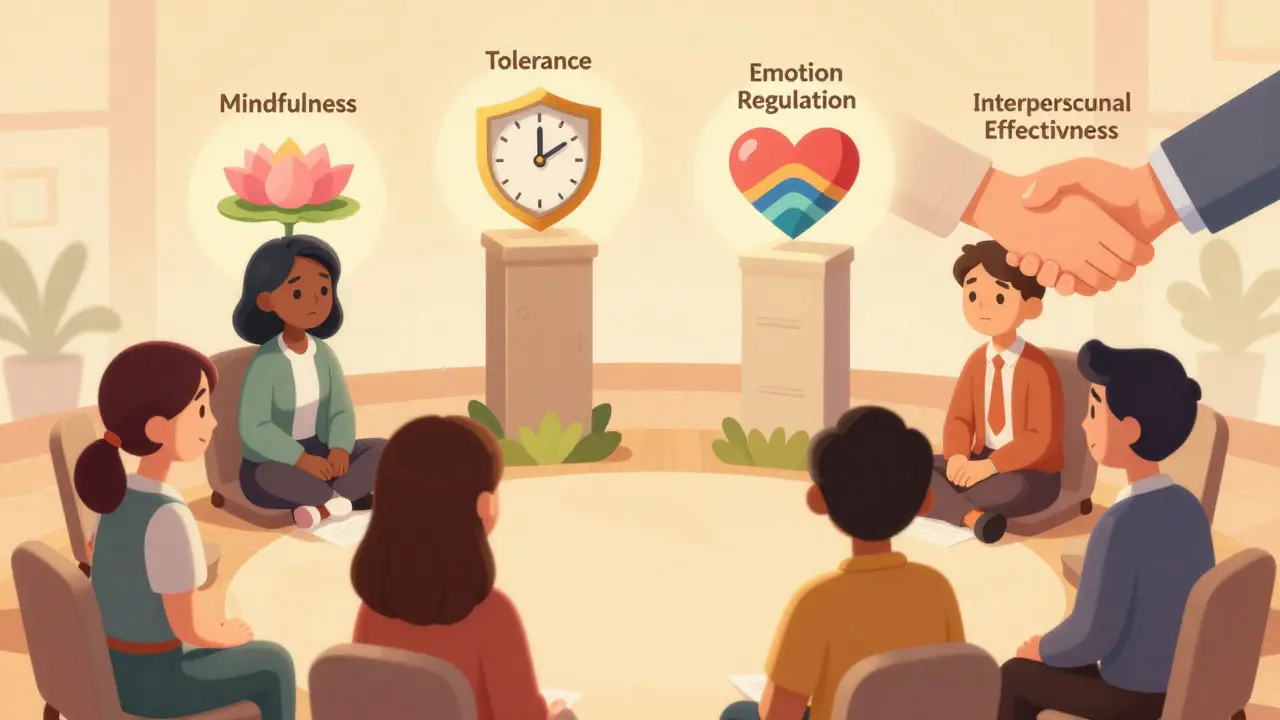 Skupina lidí v terapii kolem symbolických pilířů dialektické behaviorální terapie.