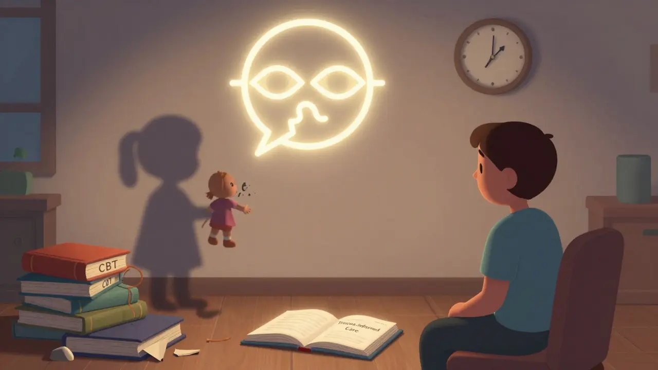 Terapeut a pacientka, její stín ukazuje dítě s rozbitym panenka, nad nimi září symbol EMDR.