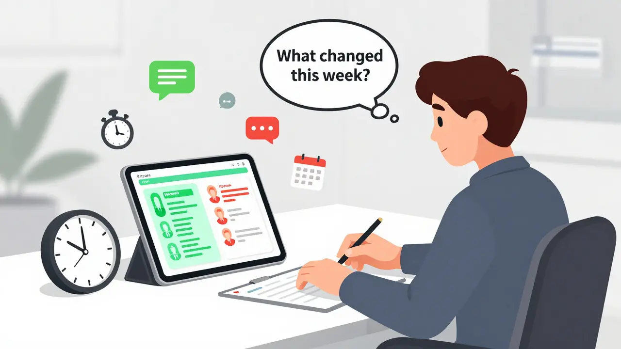 Terapeut analyzuje data klienta na tabletu a rychle reaguje na změny v jeho stavu.