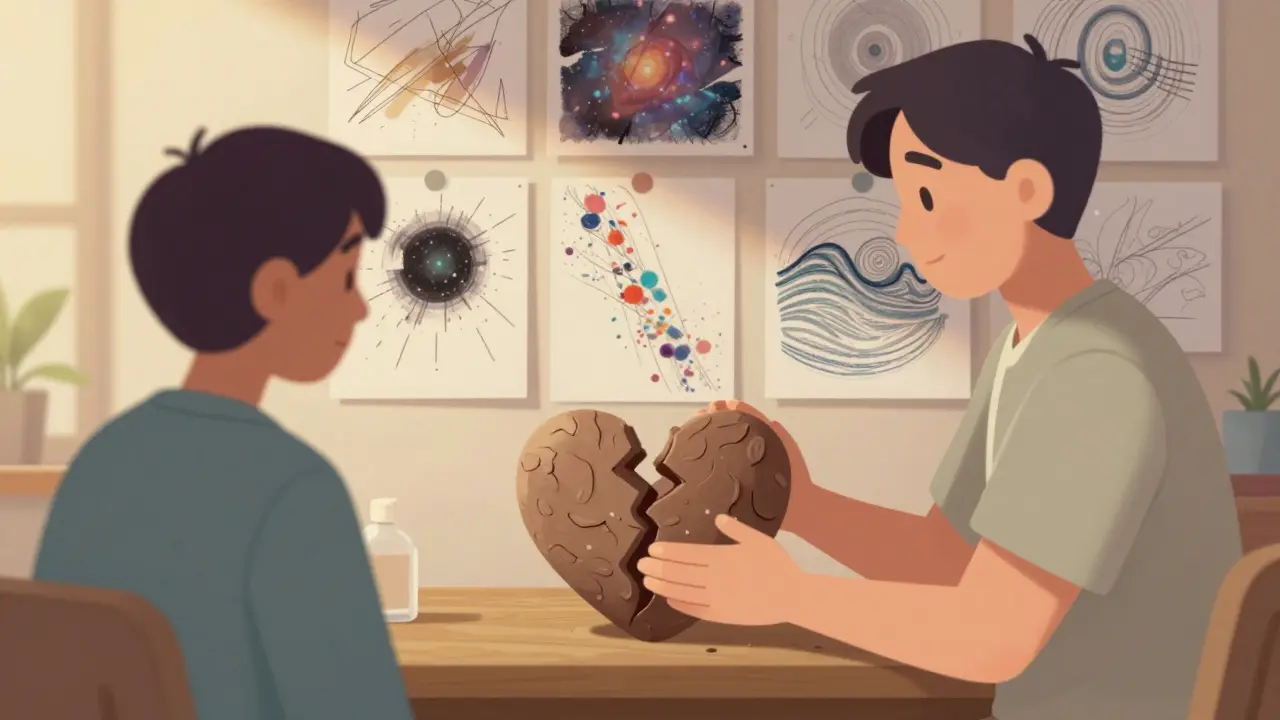 Terapeut se dotýká hlínaného srdce, na zdi jsou stovky obrázků vyjadřujících vnitřní cesty klientů.