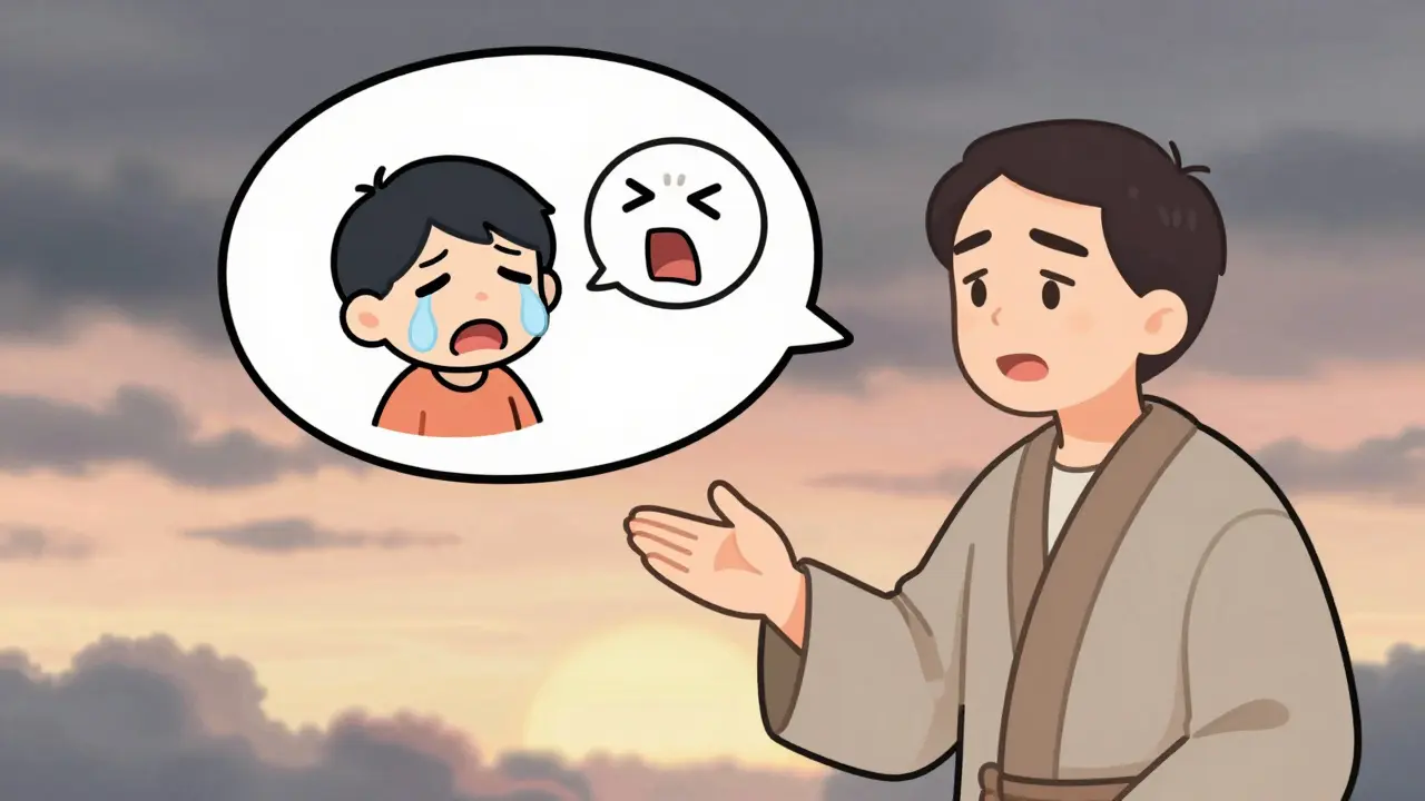 Terapeut ukazuje na dvě vnitřní části v bublině — pláčící dítě a křičící kritik — za nimi vzniká slunce.