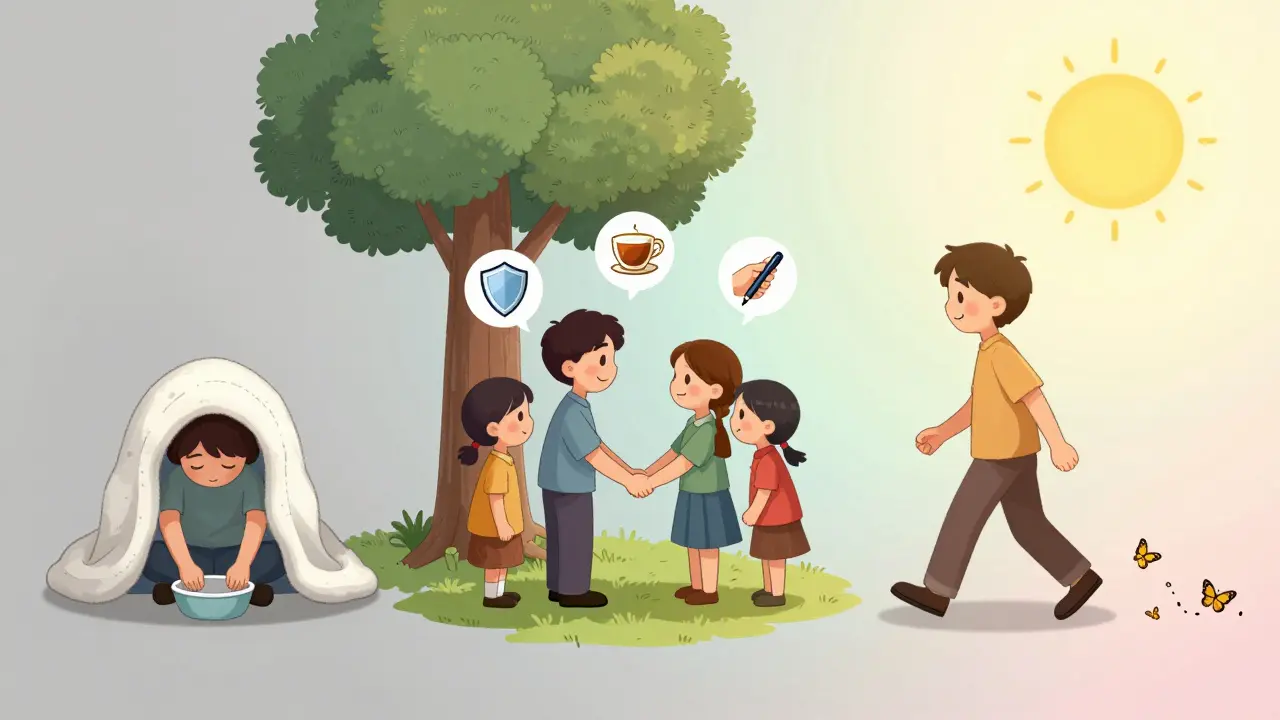 Tři fáze hojení: útlum, podpora rodiny a návrat k životu s motýly jako symbolem svobody.