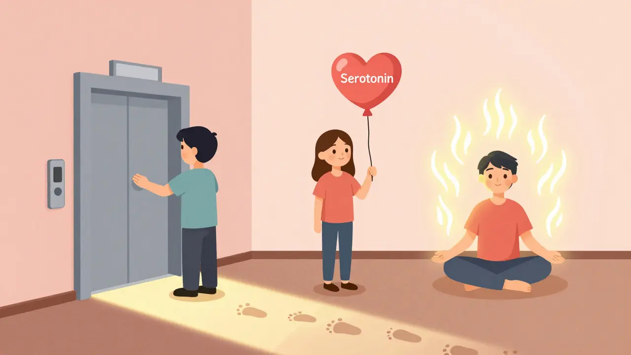 Tři lidé v terapeutickém prostředí, kteří procházejí různými metodami léčby úzkosti.