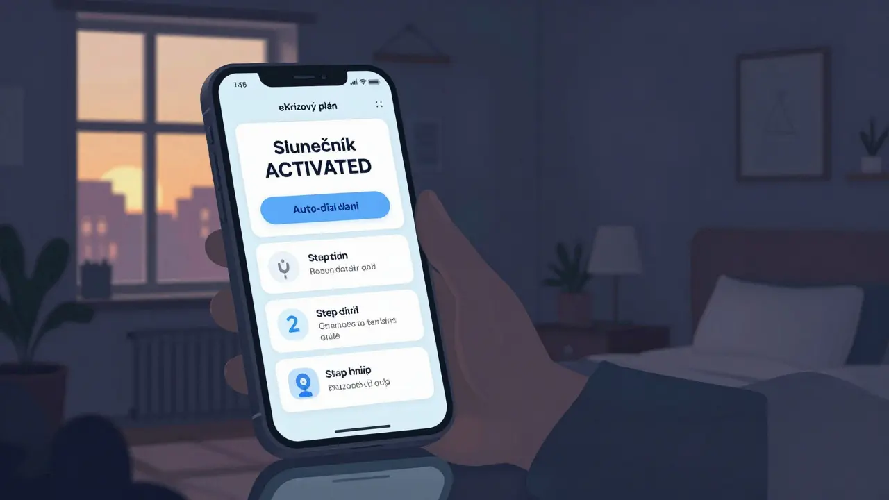 Chytrý telefon zobrazuje aktivovaný digitální krizový plán s automatickým voláním a pokyny.