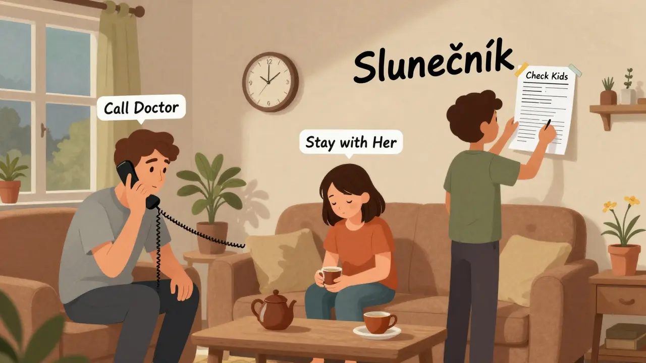 Členové rodiny plní své role během krize: volají, zůstávají s pacientem, kontrolují bezpečí.