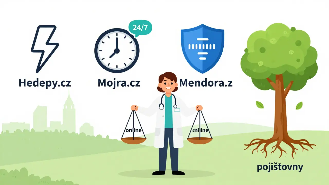 Čtyři české platformy pro online psychoterapii s symbolickými ikonami a terapeutem v centru.