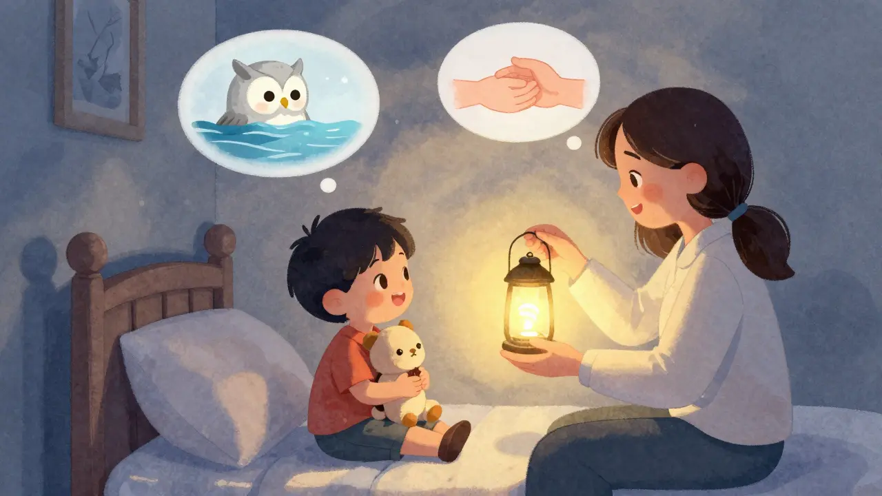 Dítě a rodič spolu dýchají v posteli, zatímco terapeut-sova pomáhá uklidnit.