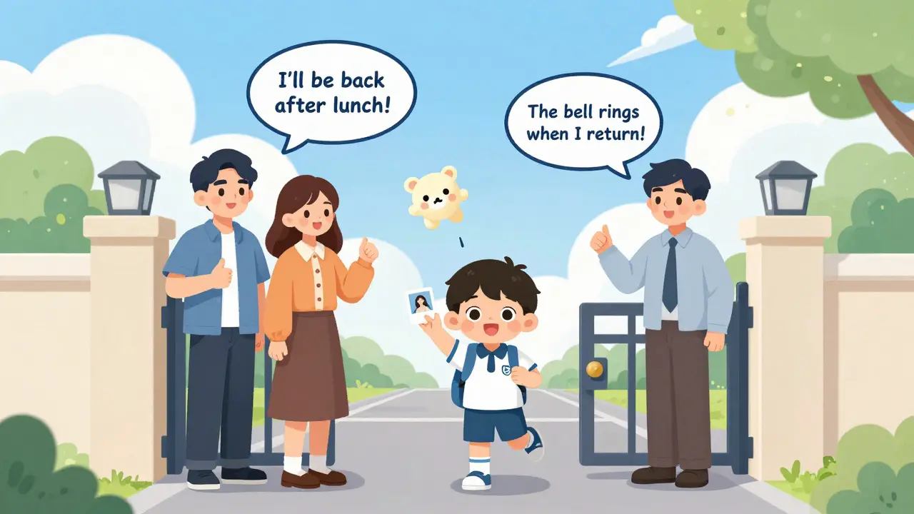 Dítě v školce vlní rukou, rodiče stojí daleko a smějí se, nad nimi jsou slova o návratu.