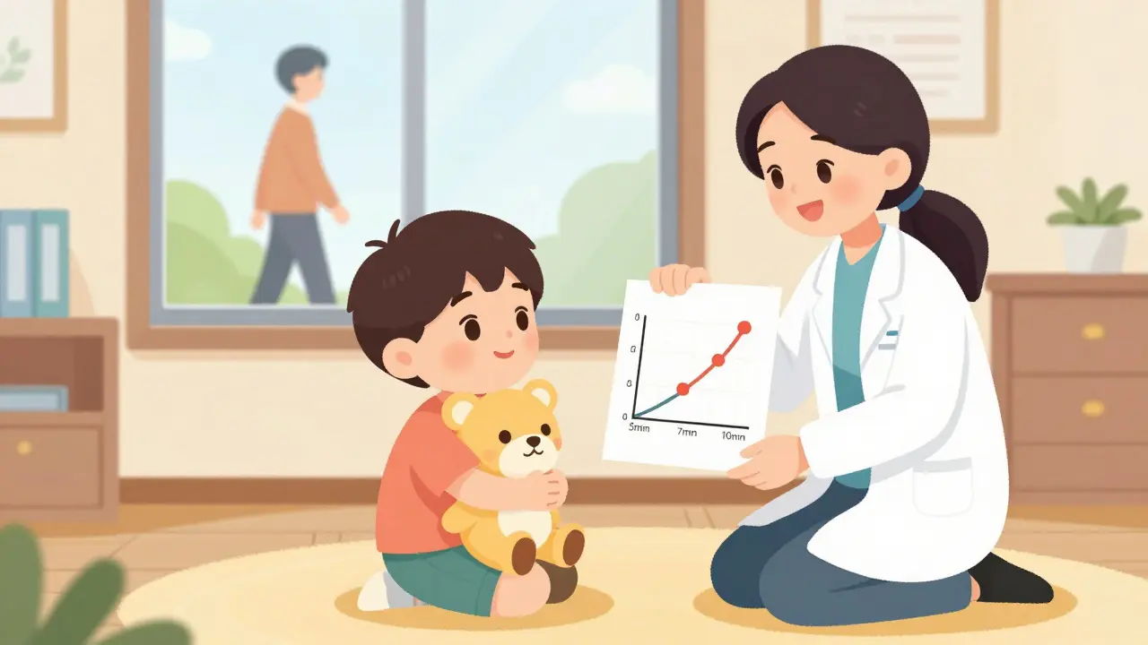 Dítě v terapii drží plyšové zvíře, terapeut ukazuje graf s časovými intervaly oddělení.