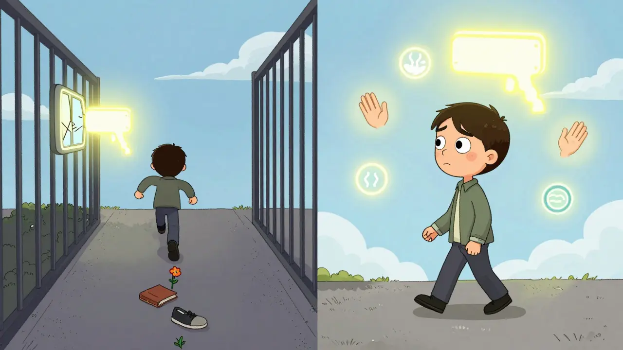 Dvě cesty: jedna vedoucí k izolaci, druhá k míru — stejná osoba, různé volby v cartoon stylu.