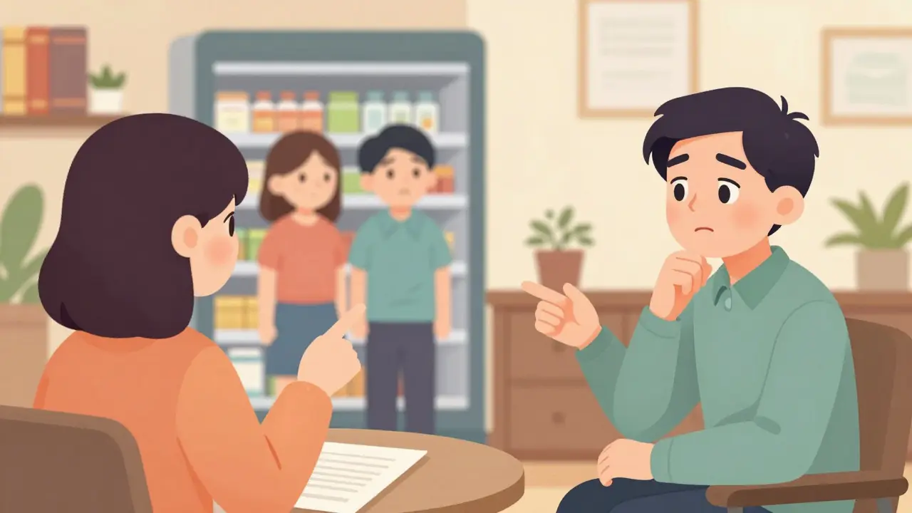 Klient mluví o náhodném setkání s terapeutem během terapie, terapeut poslouchá se zapadlým výrazem.