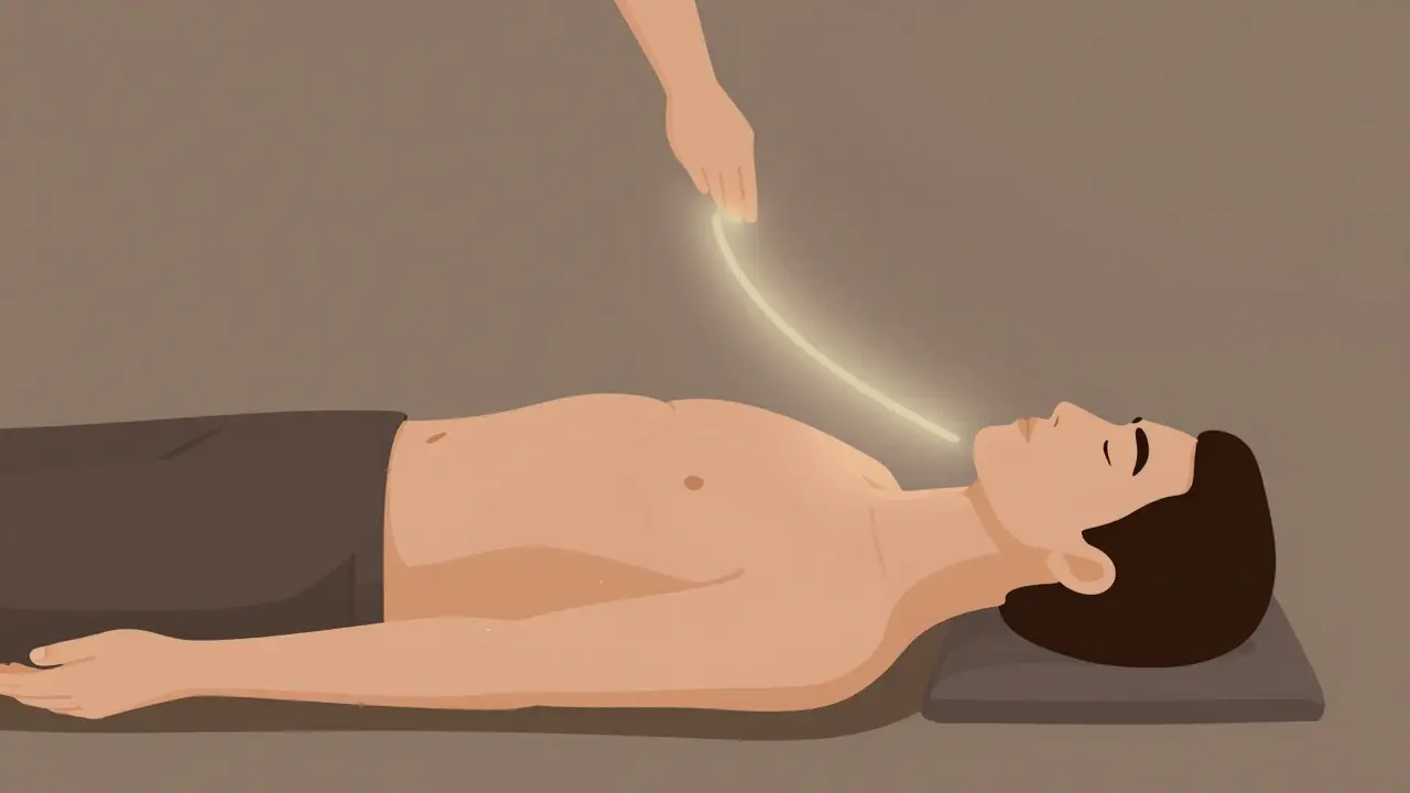 Klient provádí tělesné skenování ležící na zádech