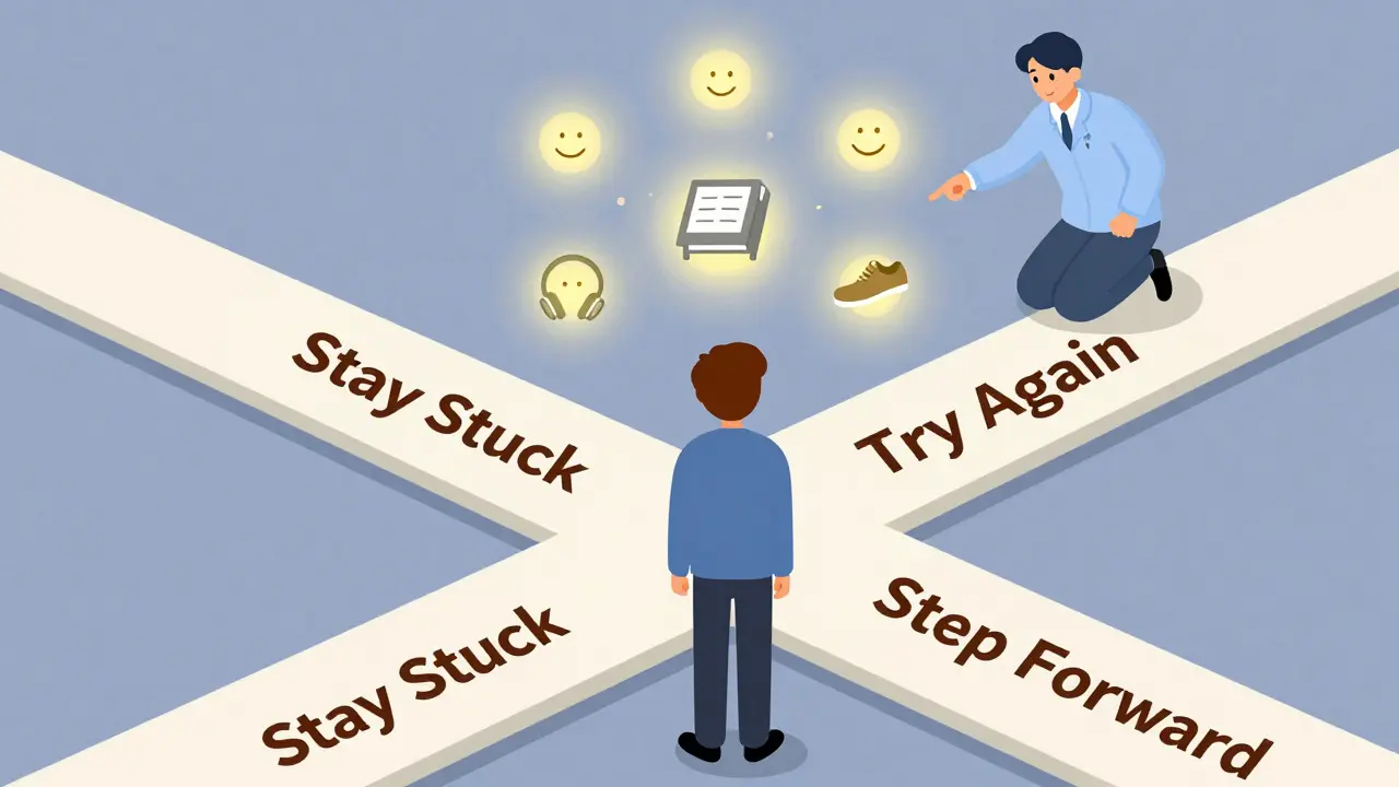 Klient stojí na křižovatce s cestami, terapeut ukazuje na malý krok dopředu.