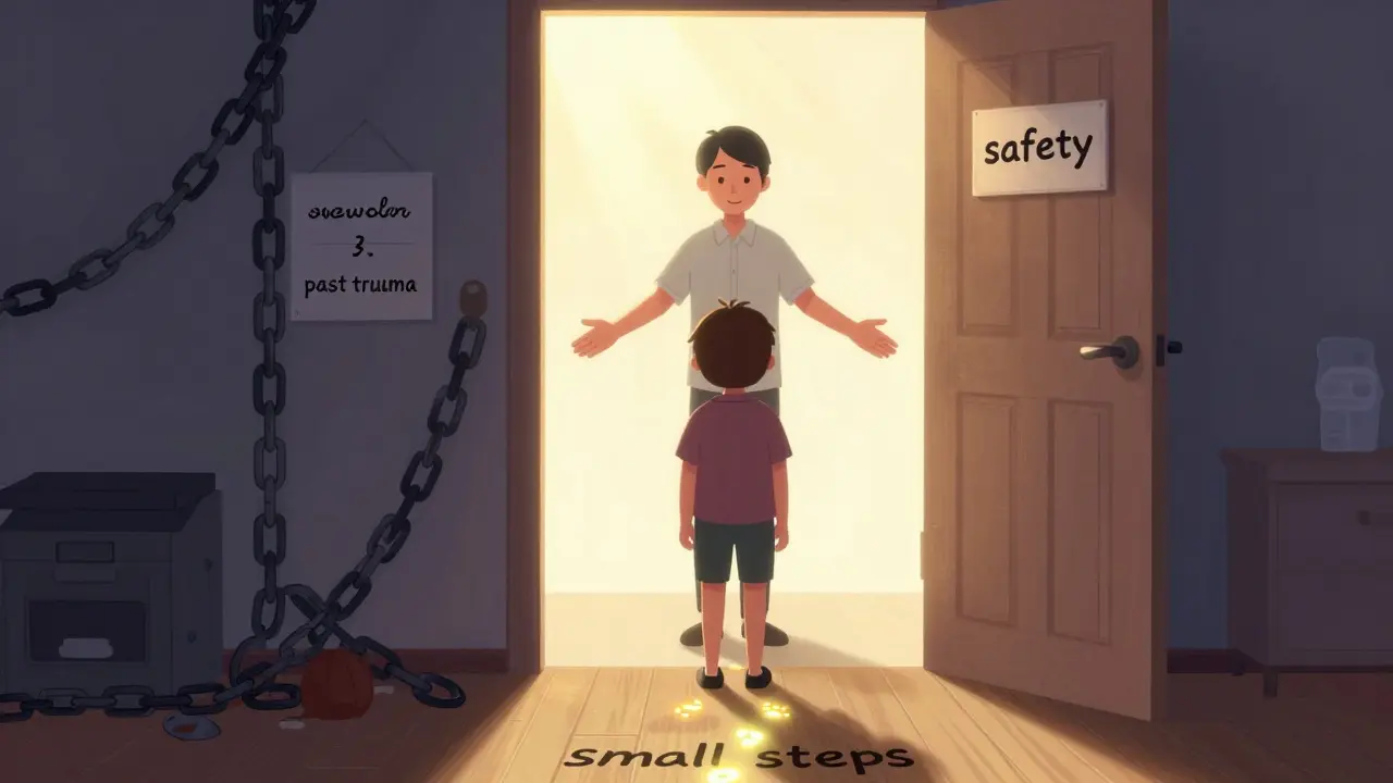 Mladý člověk stojí na prahu temné a světlé části, terapeut ho podporuje bez tlaku, cesta malých kroků vede k bezpečí.