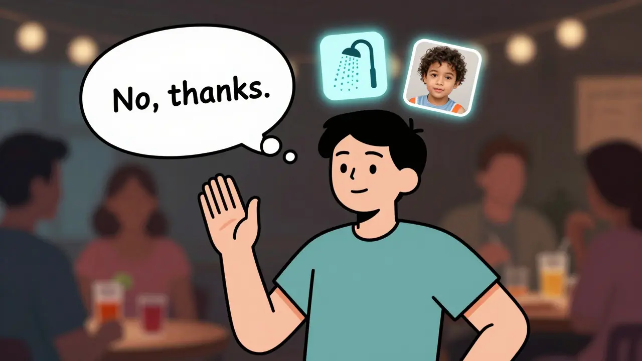 Osoba odmítá alkohol na večírku, nad hlavou má časovač a obraz dítěte, vyjadřuje klid a odhodlání.