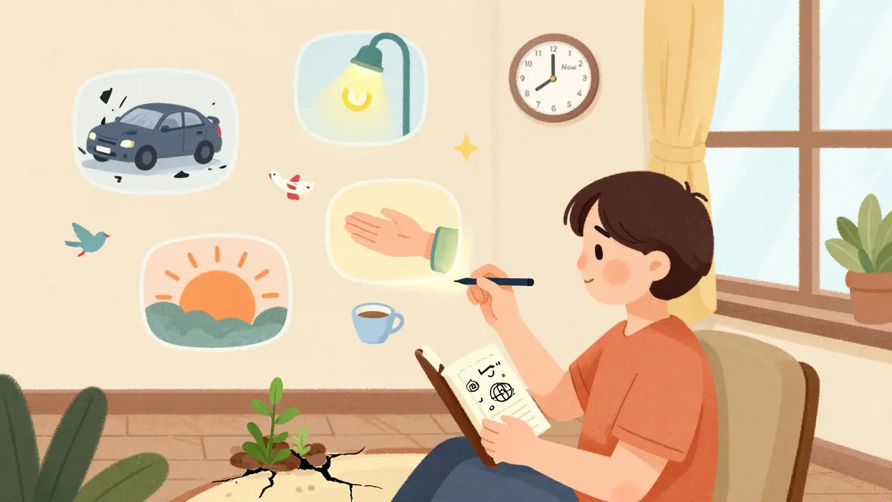 Osoba přepisuje vzpomínky na bezpečné scény v klidném pokoji, kolem ní rostou symboly hojení.