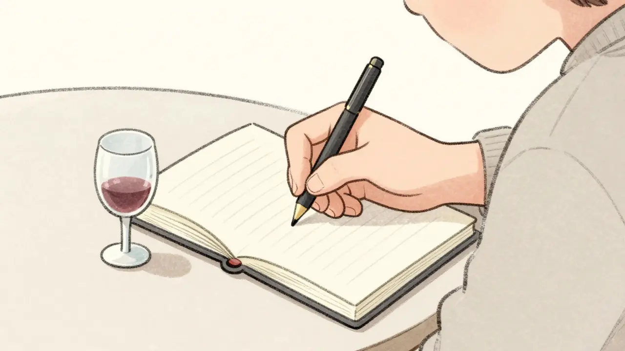 Osoba zapisující pití do zápisníku s malou skleničkou vína