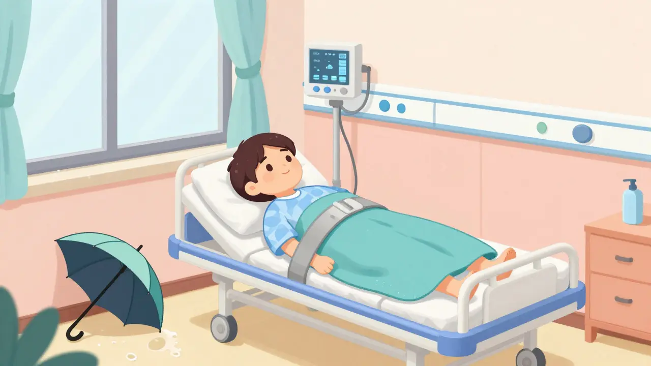 Pacient v bezpečné psychiatrické místnosti pod dohledem, terapeutova deštník leží venku.