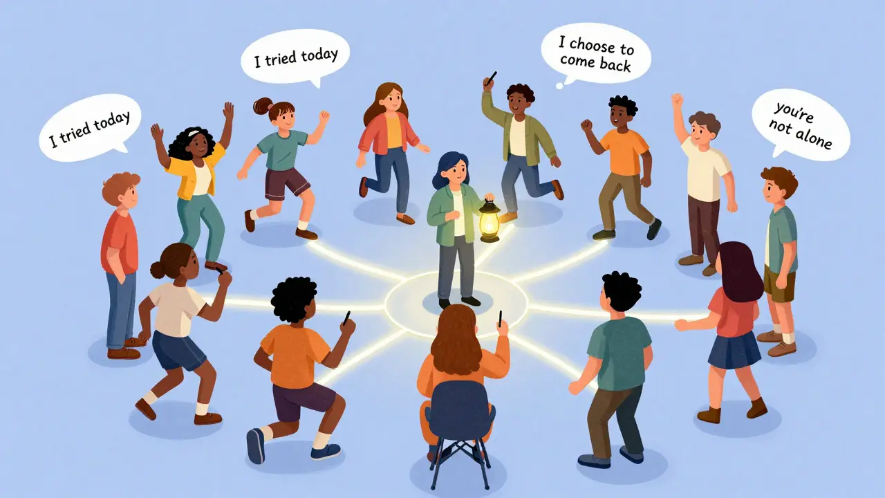 Skupina lidí různých typů je propojena světlými nitmi s terapeutem, kteří drží laternu s hláškou 'nejsi sám', různé aktivity symbolizují motivaci.