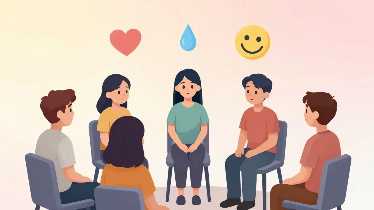 Skupinová terapie s jedním odtažitým člověkem, ostatní ukazují emoce, ale on je od nich vzdálen.