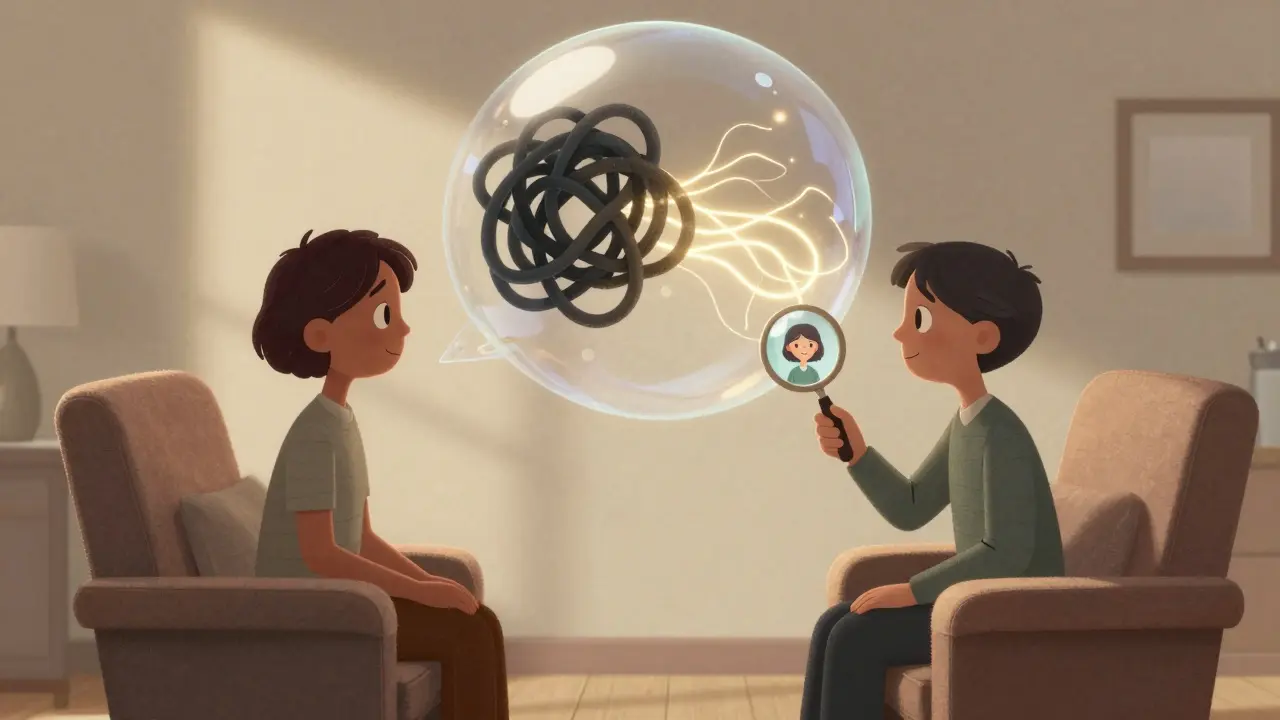 Terapeut a pacient sedí v pokoji, nad jejich hlavami se rozplétá uzlík úzkosti.