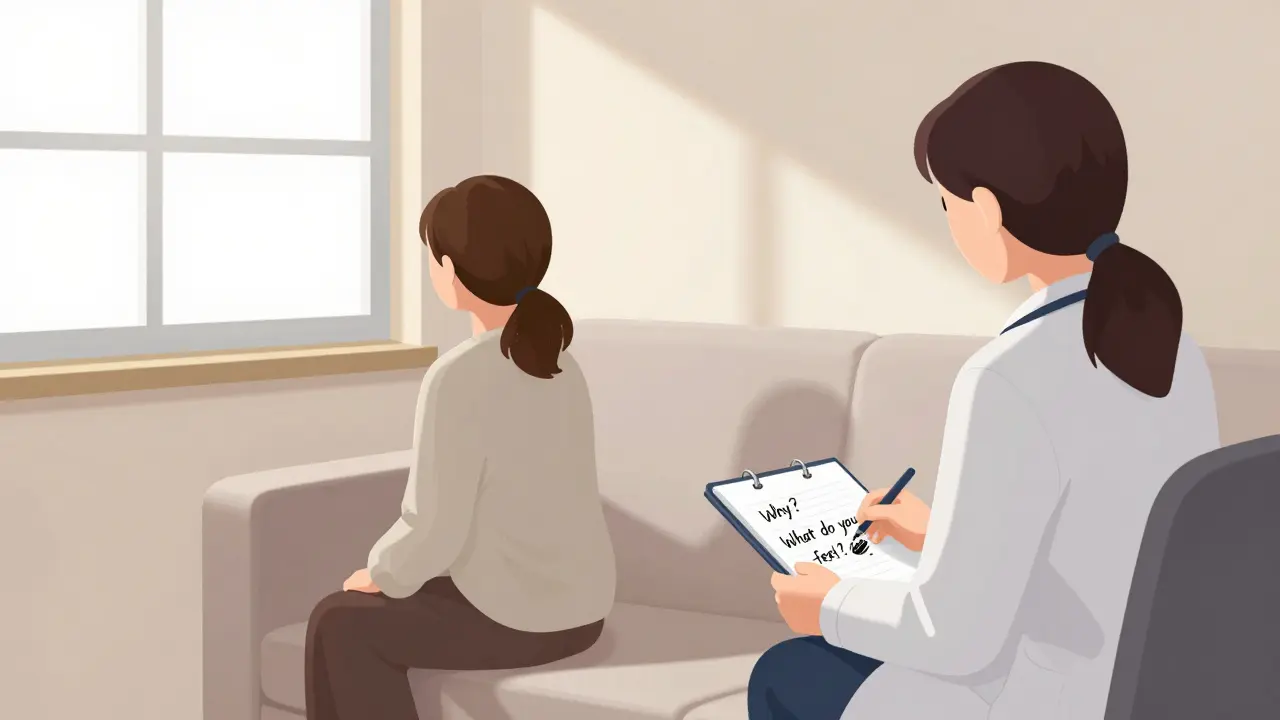 Terapeut a pacient sedí vedle sebe, tiše, bez přímého kontaktu, v klidné místnosti.