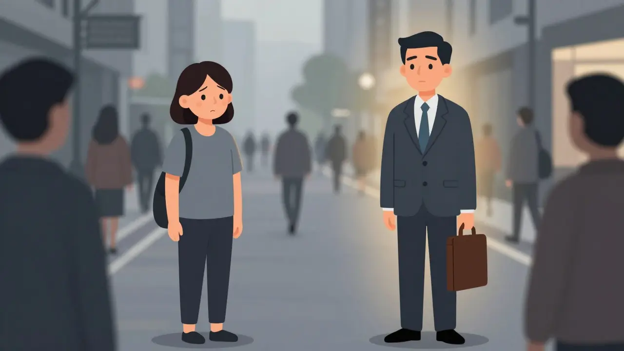 Terapeut ignoruje klienta na ulici, klient vypadá znepokojeně, kolem nich jsou rozmazané postavy.