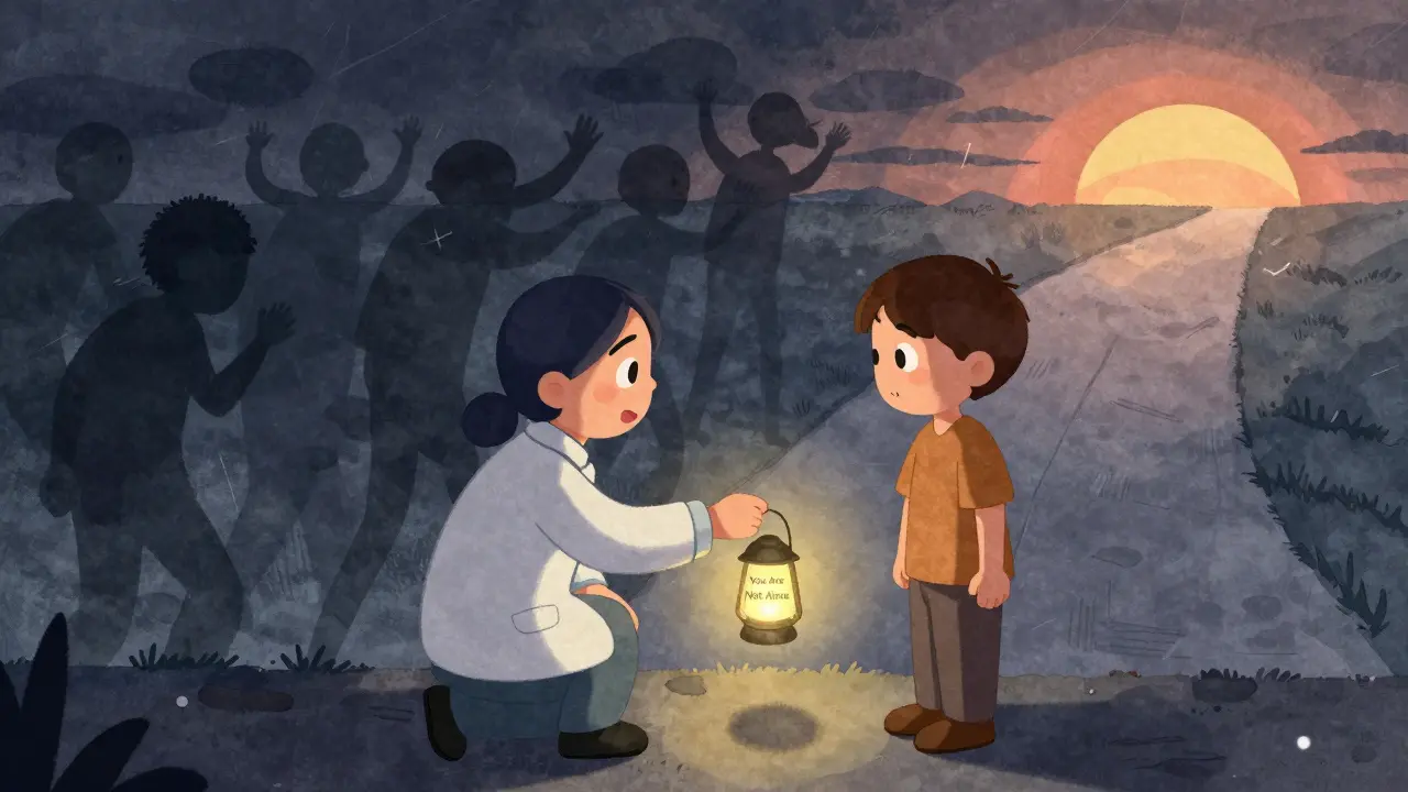 Terapeut předává klientovi svíčku s nápisem 'Nejsi sám', zatímco za nimi zaniká temnota.