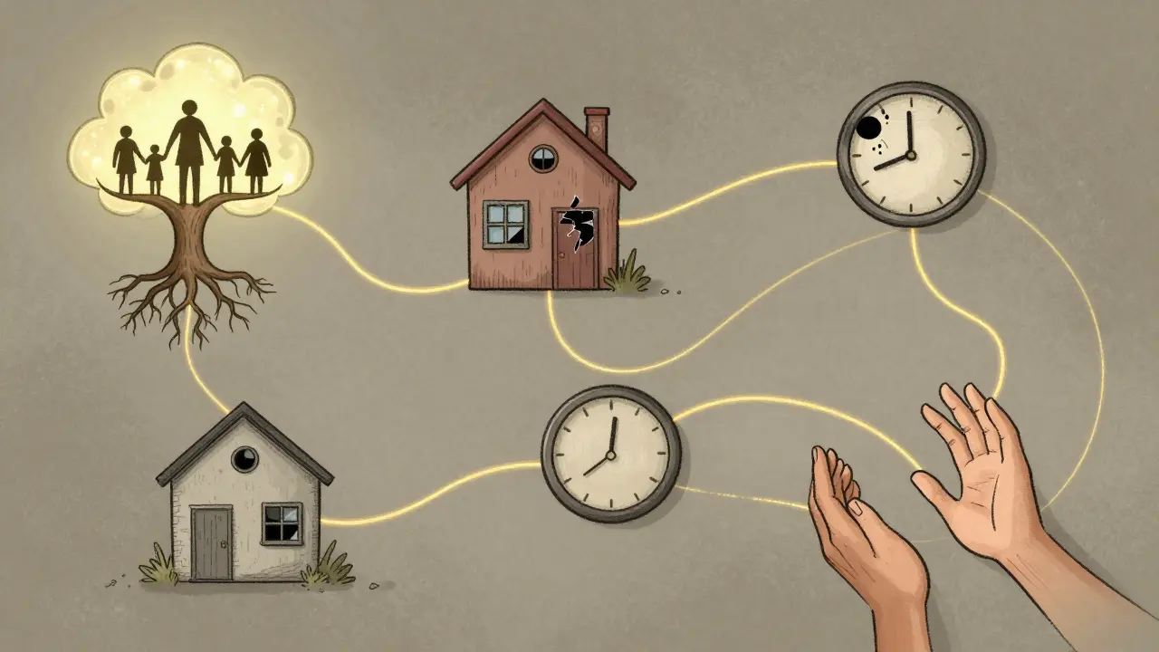 Vizualizace životního příběhu jako propojeného mapového plánu s ikonami rodiny, stresu a podpory.