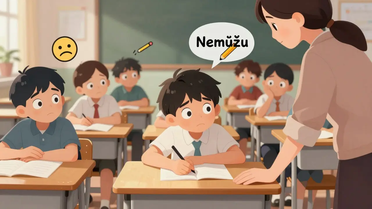 Žák v třídě sedí nehybně, zatímco spolužáci opakují jeho úzkostní chování.