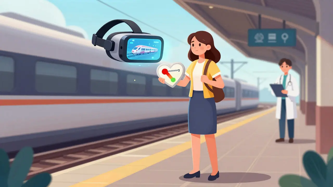 Žena na nástupišti, její srdeční úroveň úzkosti klesá, za ní VR headset a terapeut sledují postup.