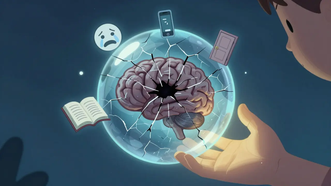 Chybný mozek dítěte v podobě skleněné koule s prasklinami, symbolizující emocionální zanedbání.